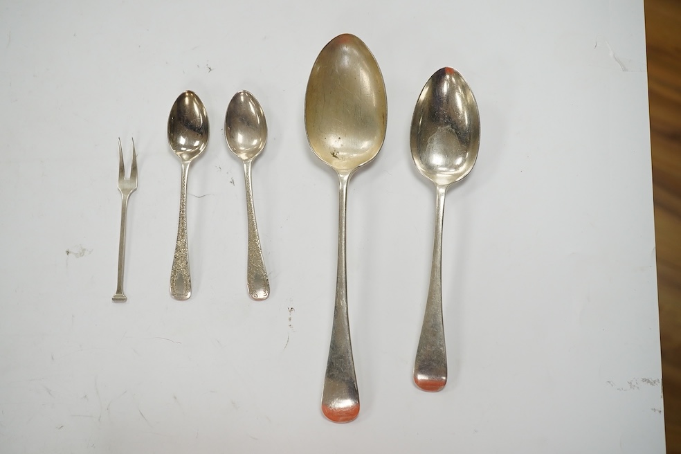 Eighteen items of George V silver Old English pattern flatware, Cooper Brothers & Sons, Sheffield, 1930, together with twenty other items of assorted silver flatware, various dates and makers, 44.1 oz and four plated ite